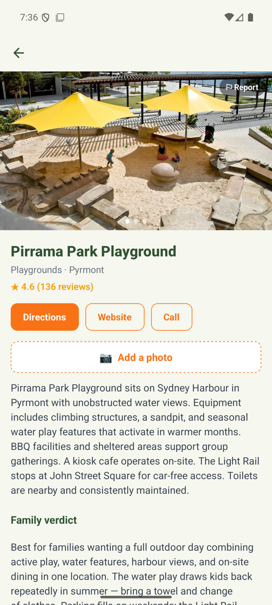 Family Action app β venue detail with directions, website and call