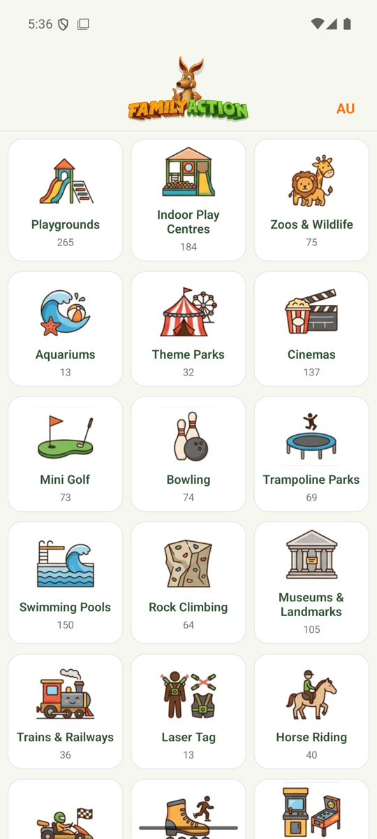 Family Action app β the category grid of things to do