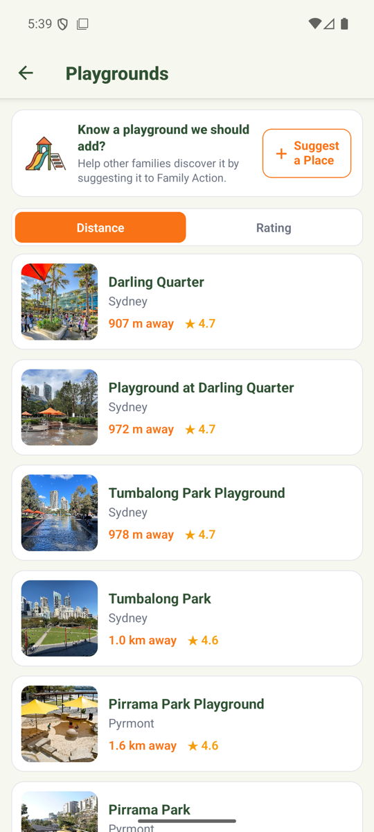 Family Action app β venues near you, sorted by distance